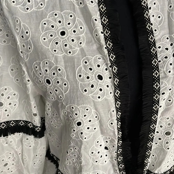 Zara white eyelet open front black braided/fringed trim cord waistband top, Med - Picture 3 of 8